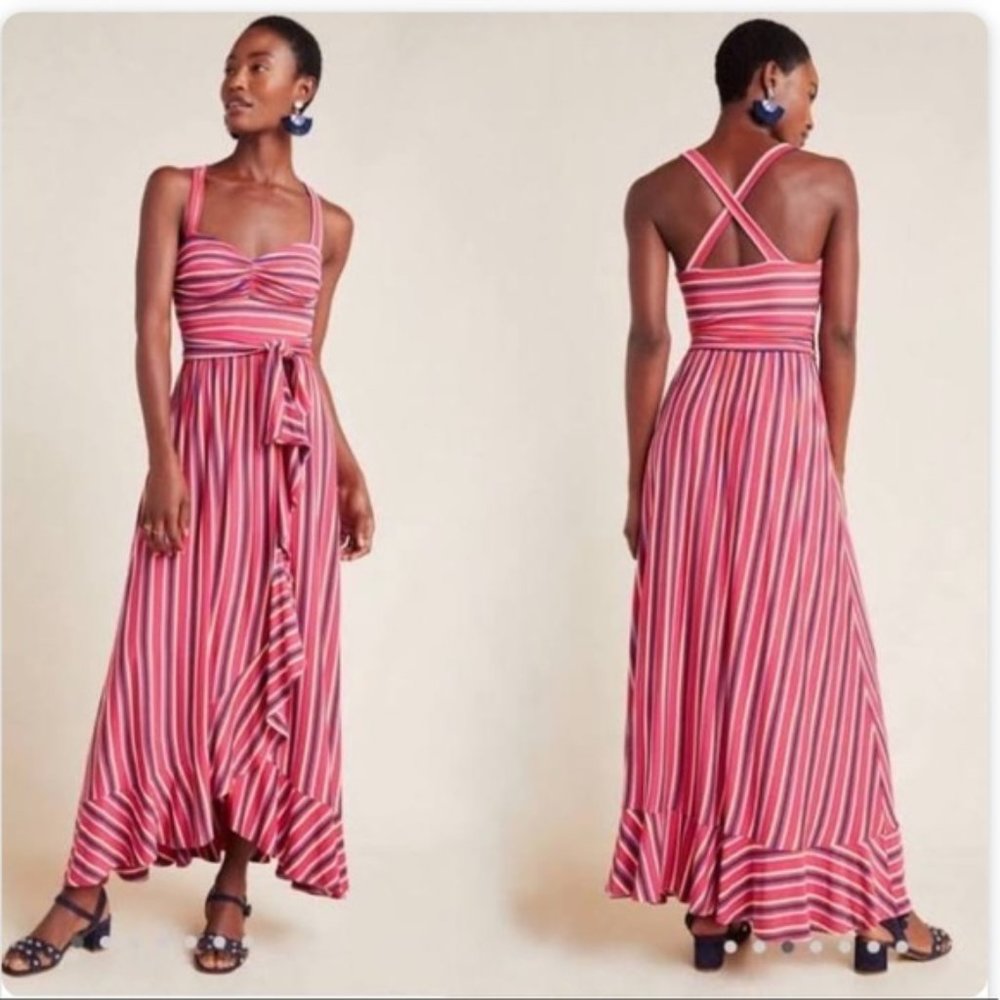 Anthropologie Pink and White Striped Maxi Dress